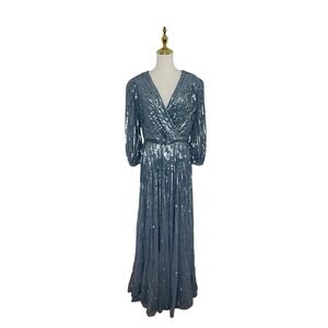 Mac Duggal 5509 Slate Blue Sequins 3/4 Sleeve Gown Size 10 $598